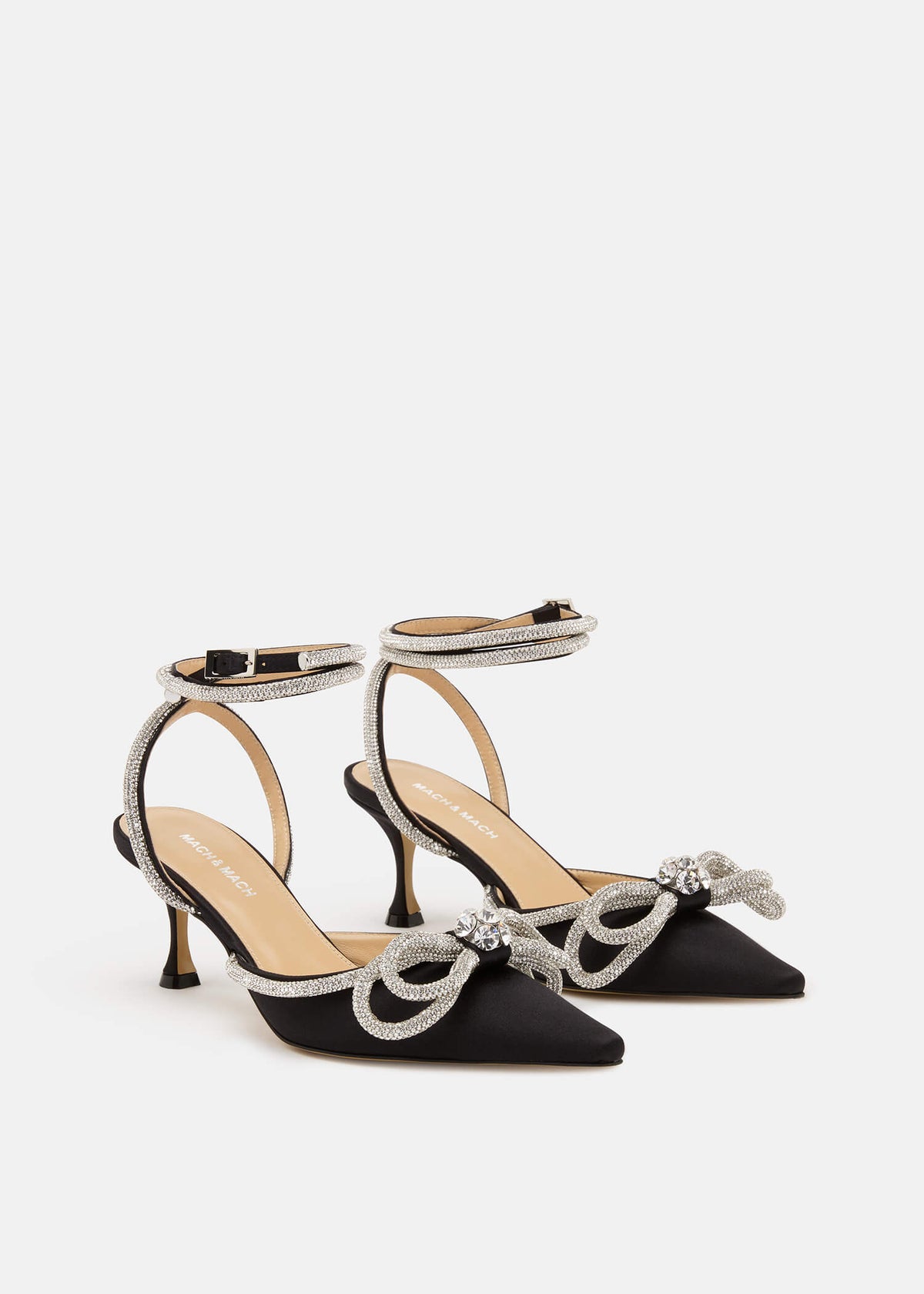 Esme Black Double Bow Pumps – side profile showing double bow, crystal, satin, black, SimmiUnique
