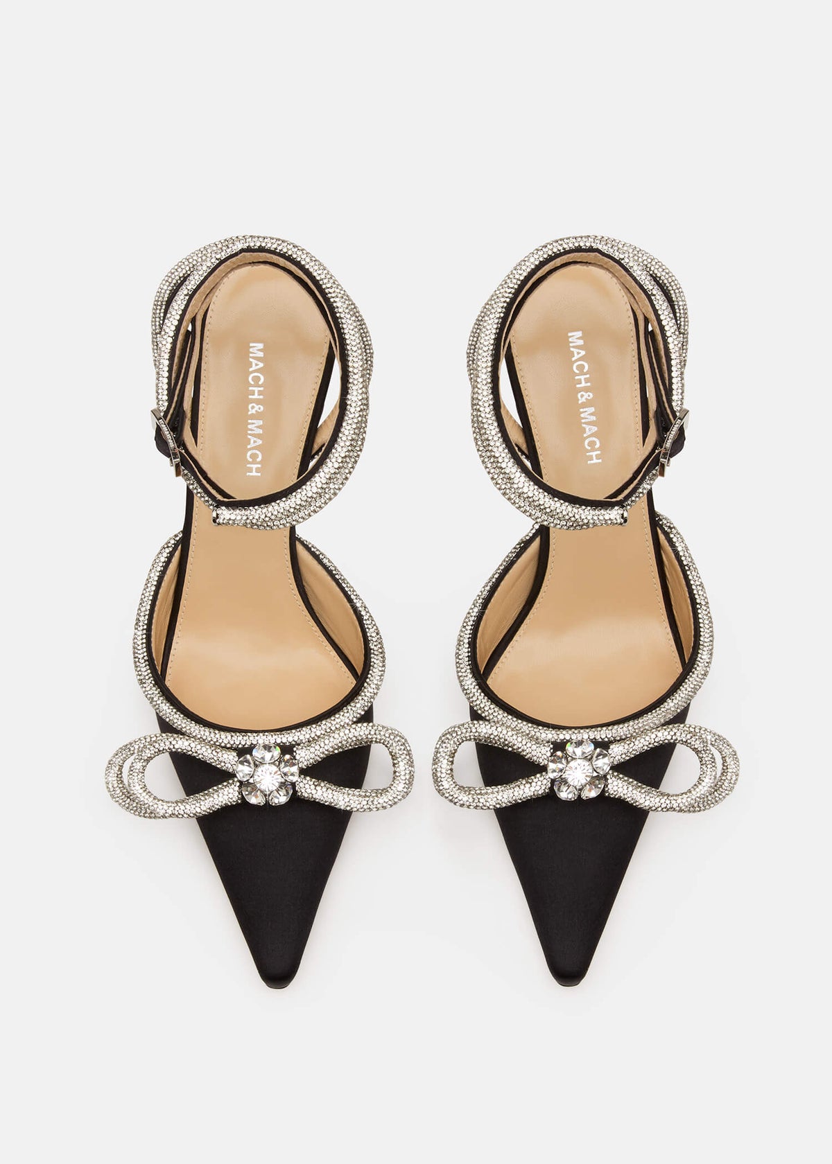 Esme Black Double Bow Pumps – crystal detail view showing double bow, crystal, satin, black, SimmiUnique