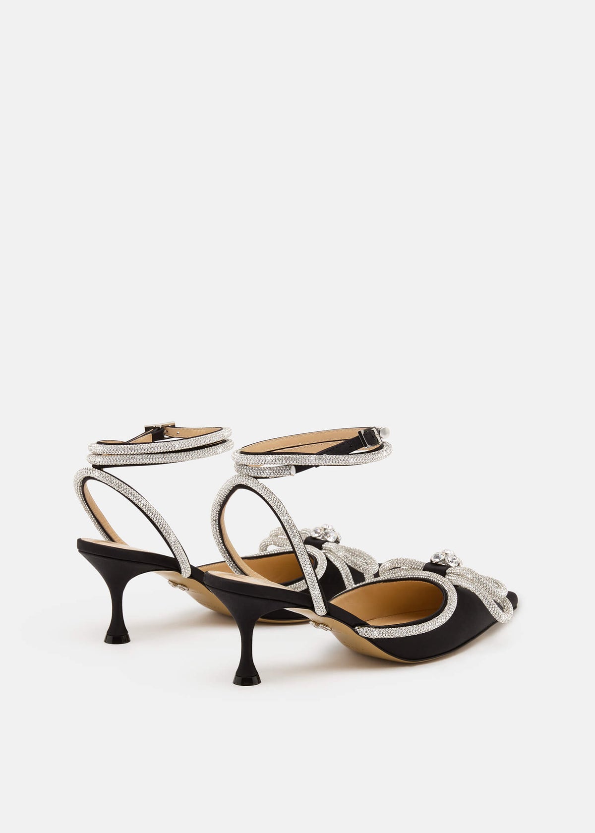 Esme Black Double Bow Pumps – heel view showing double bow, crystal, satin, black, SimmiUnique