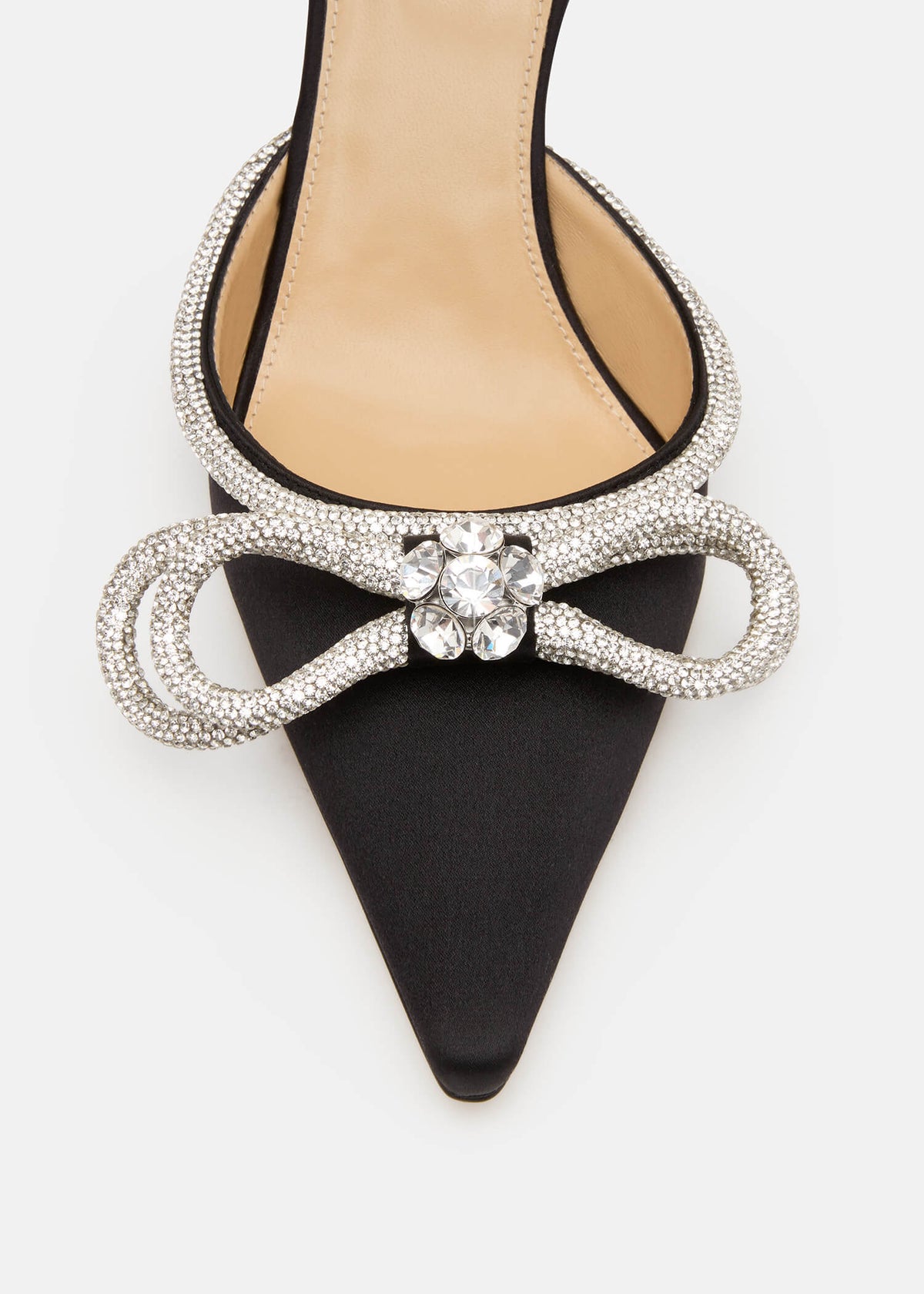Esme Black Double Bow Pumps – rear view showing double bow, crystal, satin, black, SimmiUnique