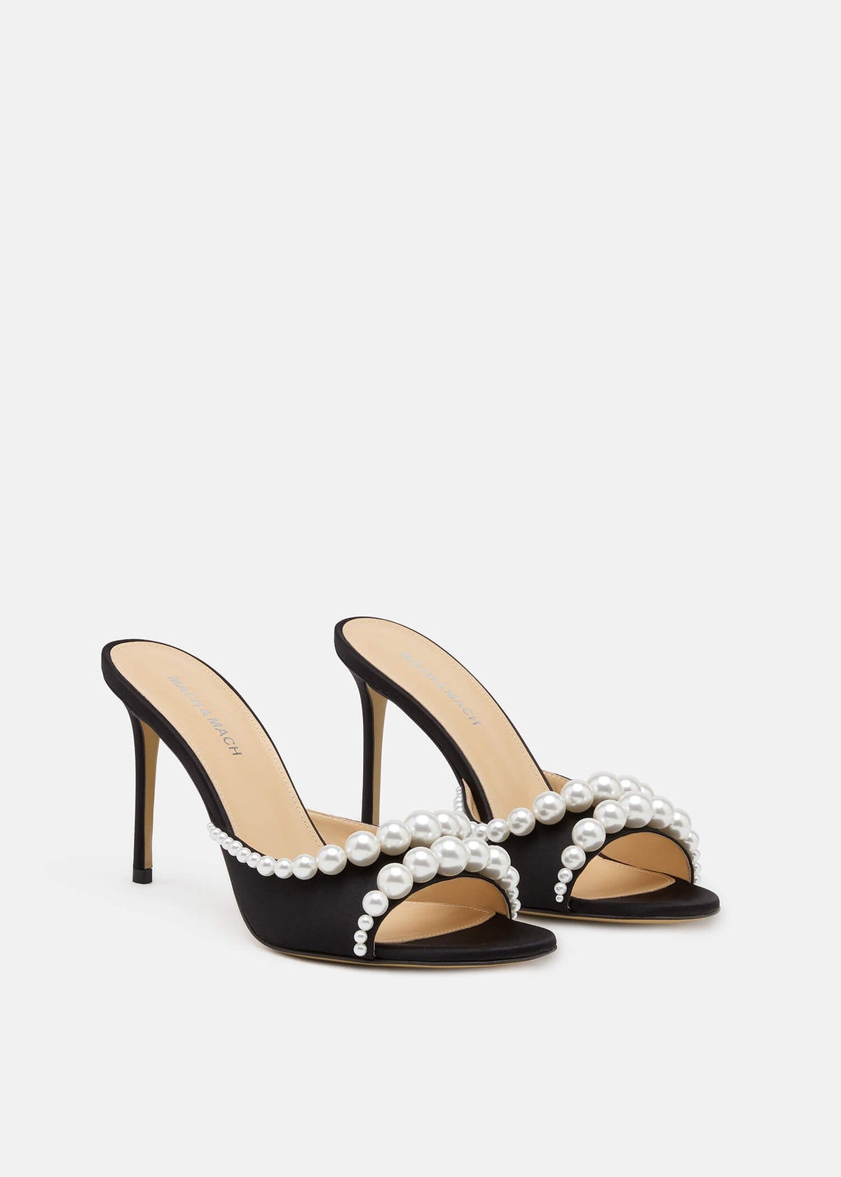Verena Black Pearl Mules – side profile showing pearl, satin, black, red, SimmiUnique