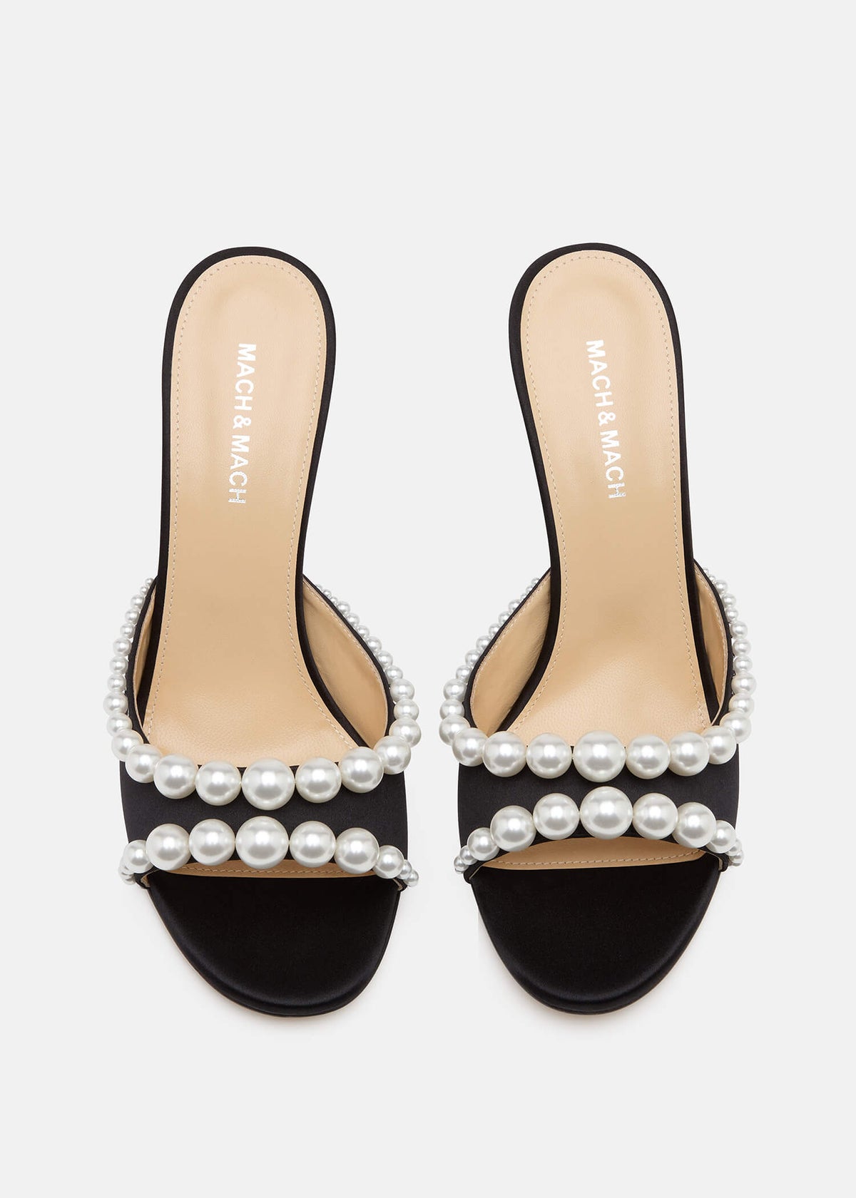 Verena Black Pearl Mules – crystal detail view showing pearl, satin, black, red, SimmiUnique