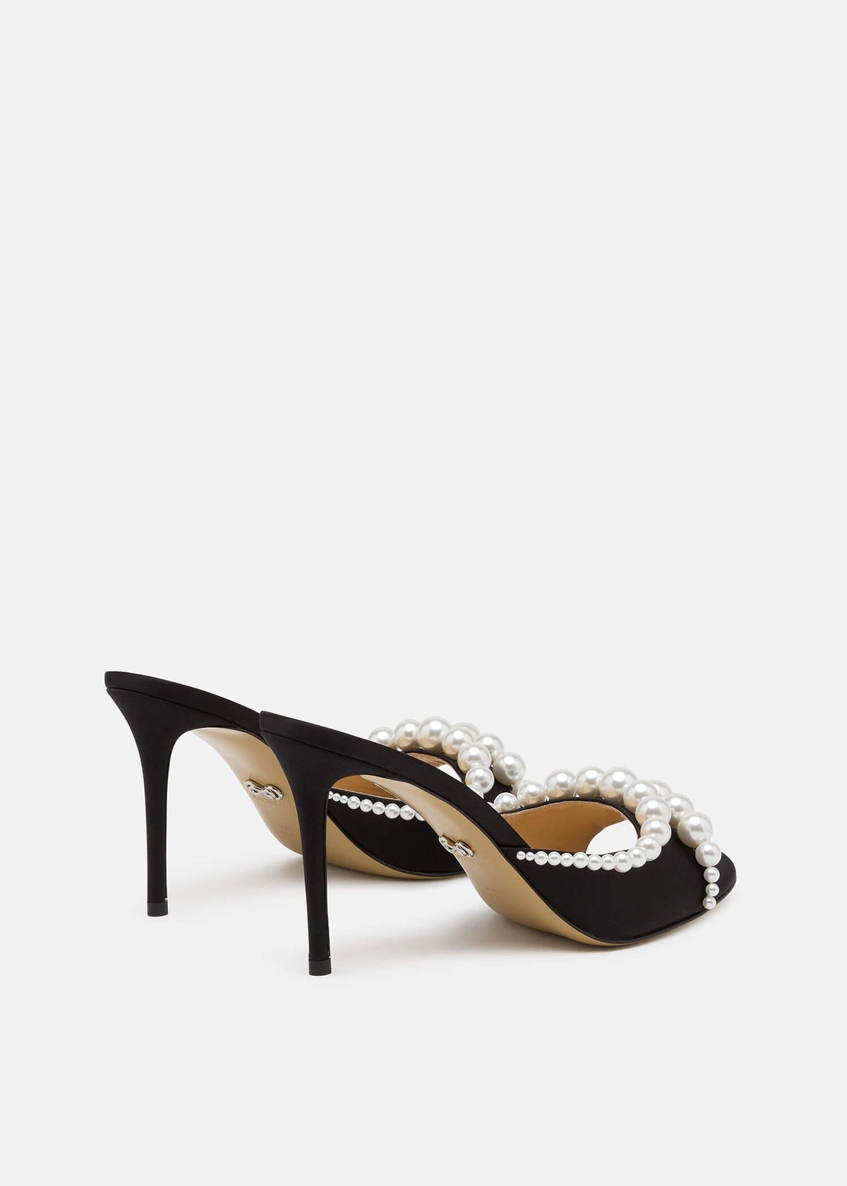 Verena Black Pearl Mules – heel view showing pearl, satin, black, red, SimmiUnique