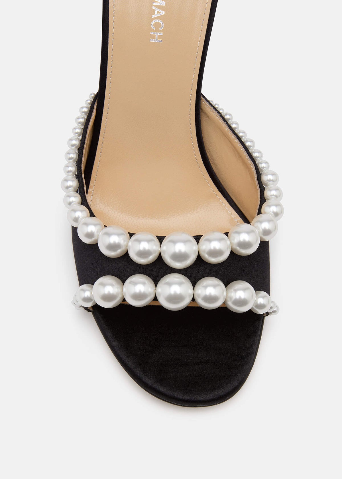 Verena Black Pearl Mules – rear view showing pearl, satin, black, red, SimmiUnique