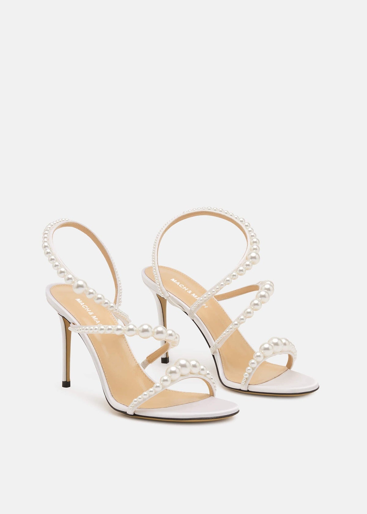 Sabrina White Pearl Sandals – side profile showing pearl, satin, white, red, SimmiUnique