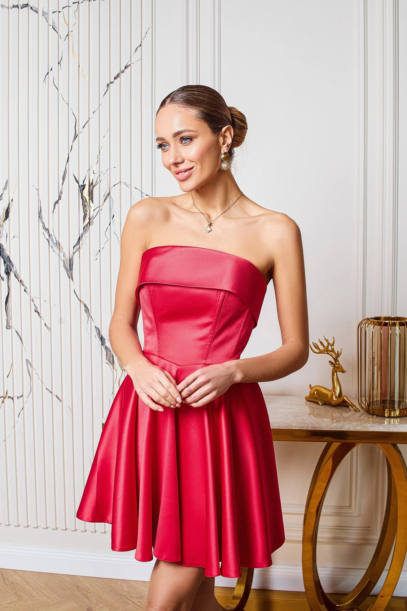 Satin Strapless Flared Mini Dress – detail shot