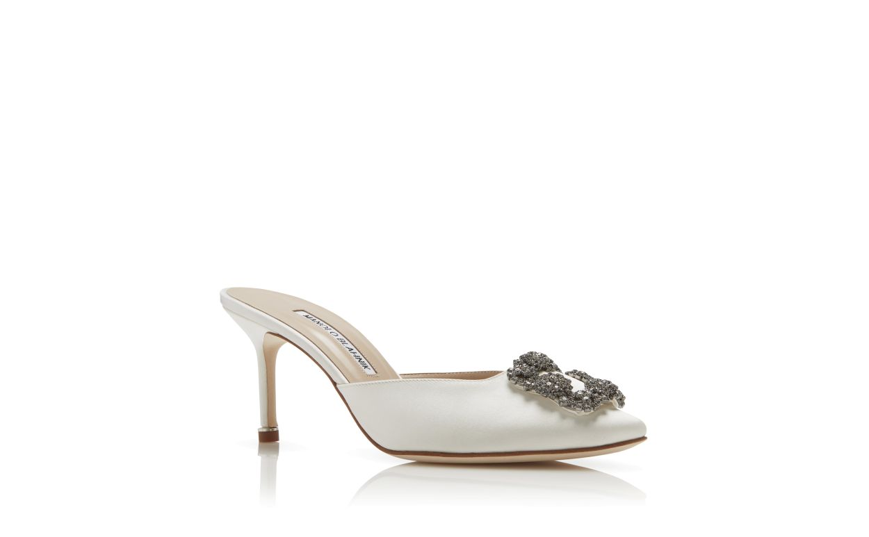 Noelle Dawn White Jewel Buckle Mules – top view showing white jewel buckle, crystal buckle, almond toe, satin, SimmiUnique