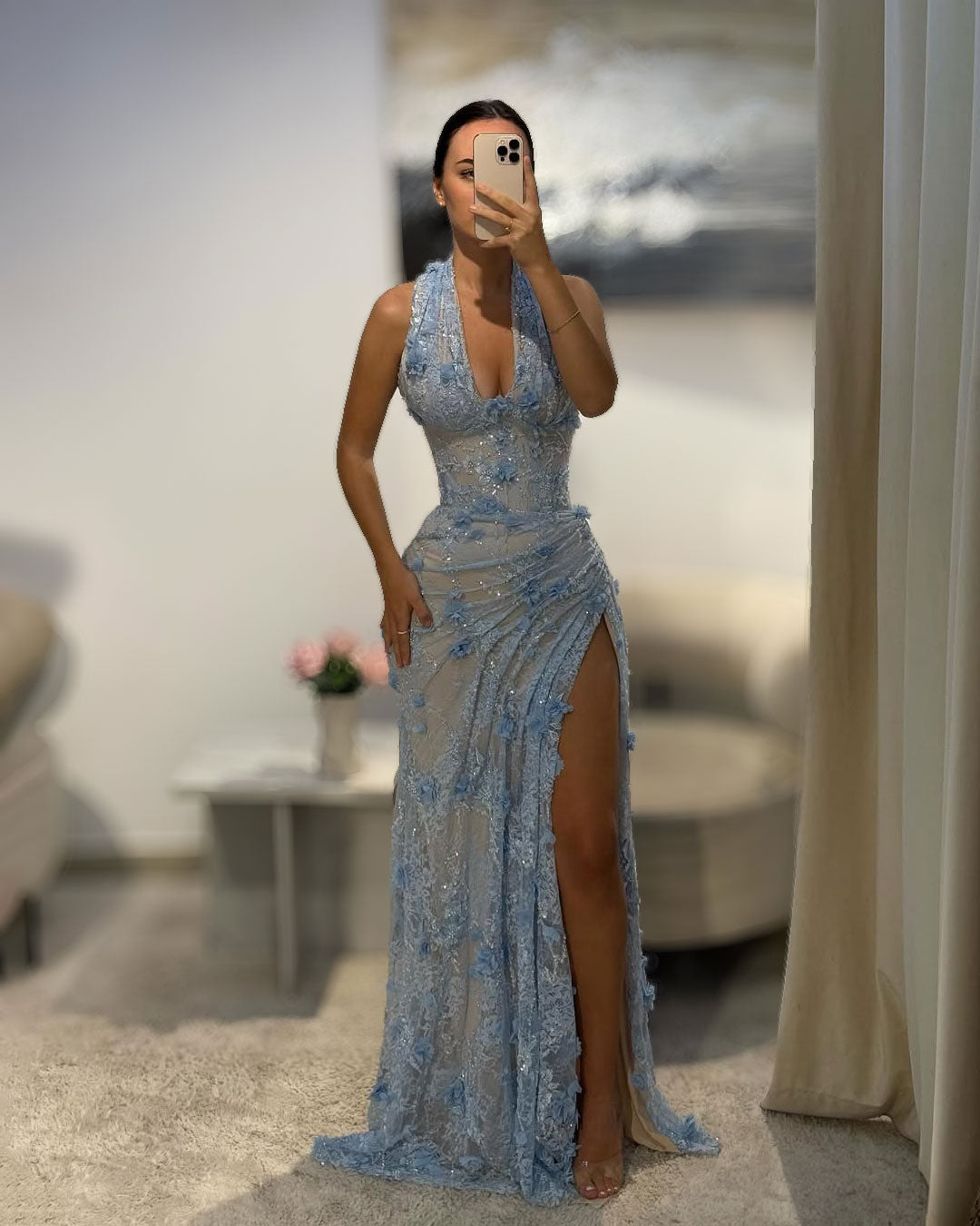 Ice Blue Floral Halter Gown With High Slit - SimmiUnique
