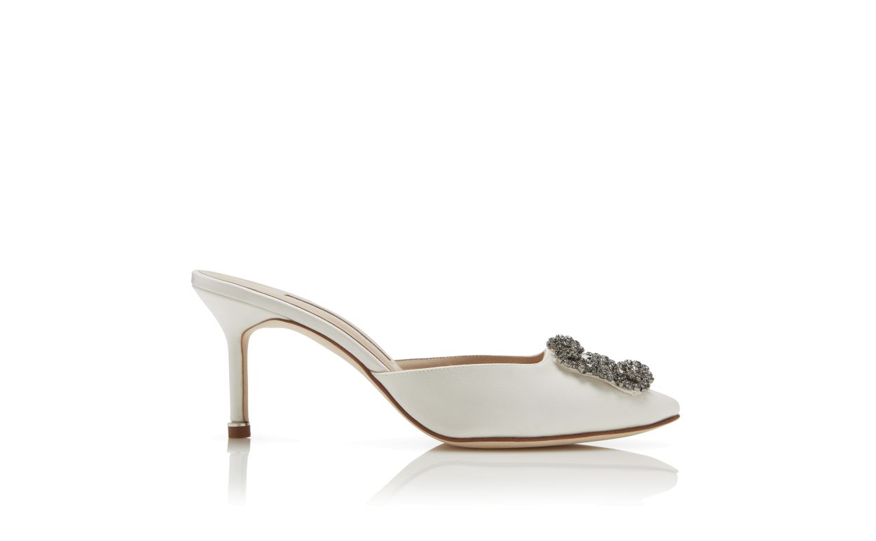 Noelle Dawn White Jewel Buckle Mules – side profile showing white jewel buckle, crystal buckle, almond toe, satin…