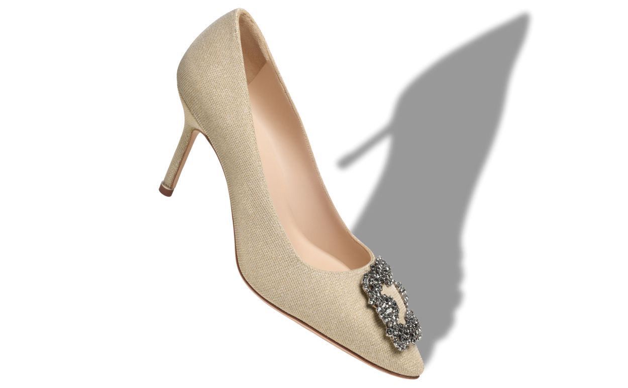 Amelie Star Gold Jewel Buckle Pumps – front three-quarter view showing gold jewel buckle, crystal buckle, almond toe…