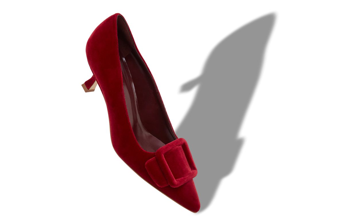Leonora Flame Red Almond Toe Pumps – front three-quarter view showing red almond toe, velvet, SimmiUnique
