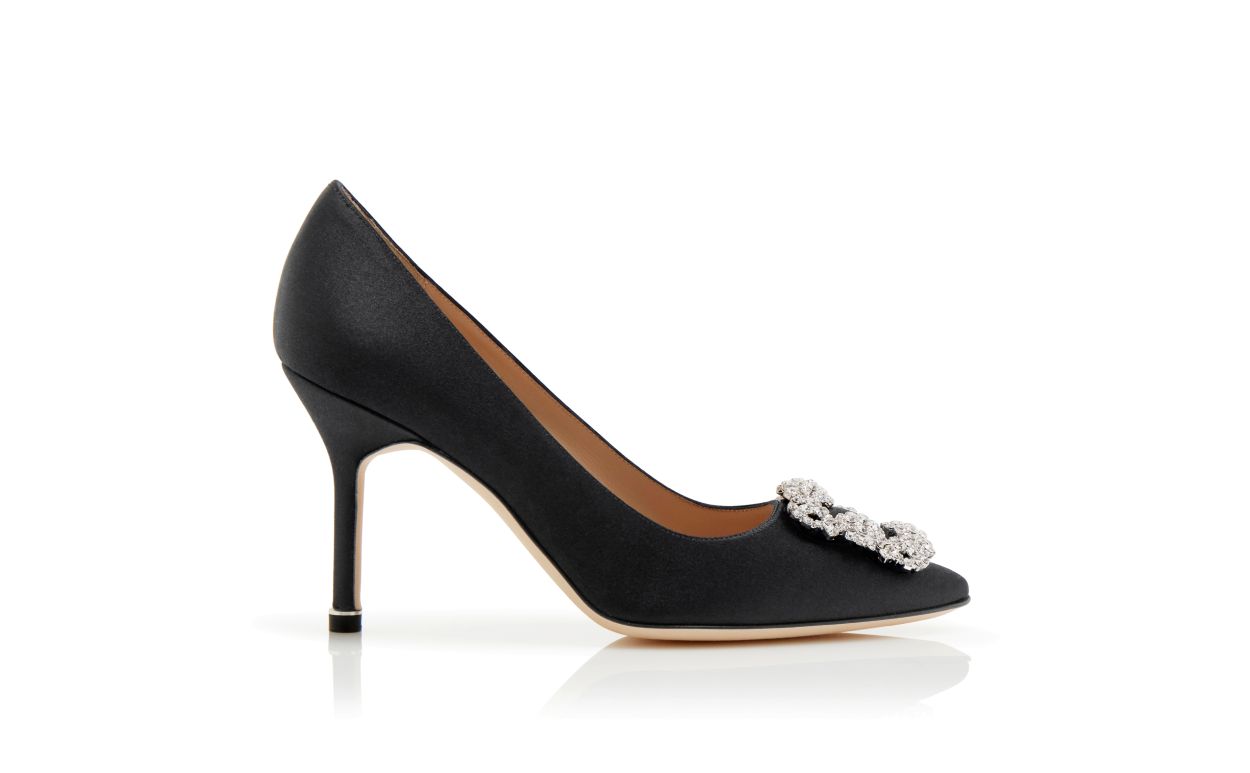 Noelle Dream Black Jewel Buckle Pumps – side profile showing black jewel buckle, crystal buckle, almond toe, satin…