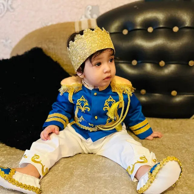 Royal gold and blue prince costume for baby boys close-up