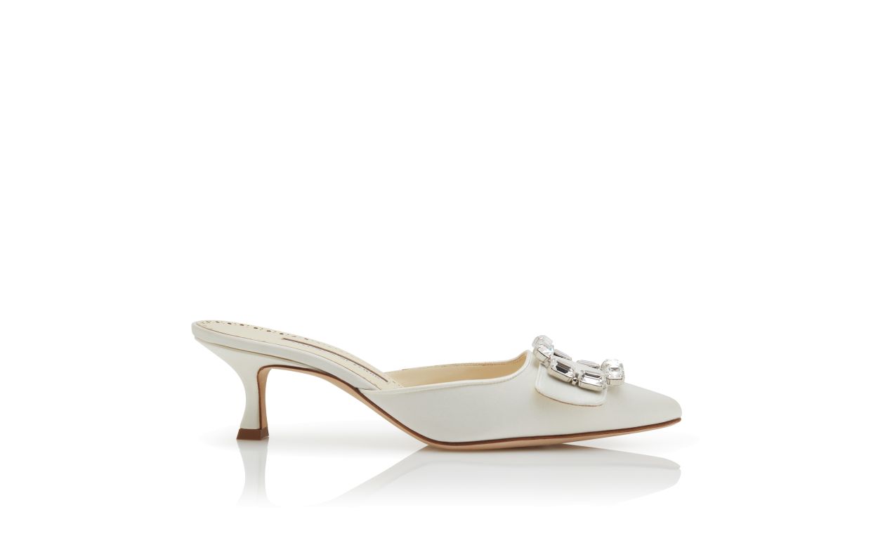 Isadora Lace White Crystal Buckle Mules – side profile showing white crystal buckle, pointed toe, satin, SimmiUnique