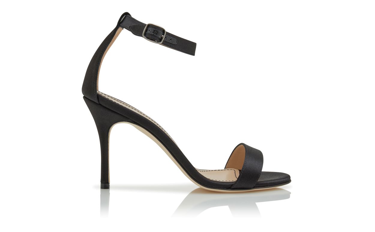 Magnolia Grace Black Ankle Strap Ankle-Strap Shoes – side profile showing black ankle strap, open toe, satin, SimmiUnique