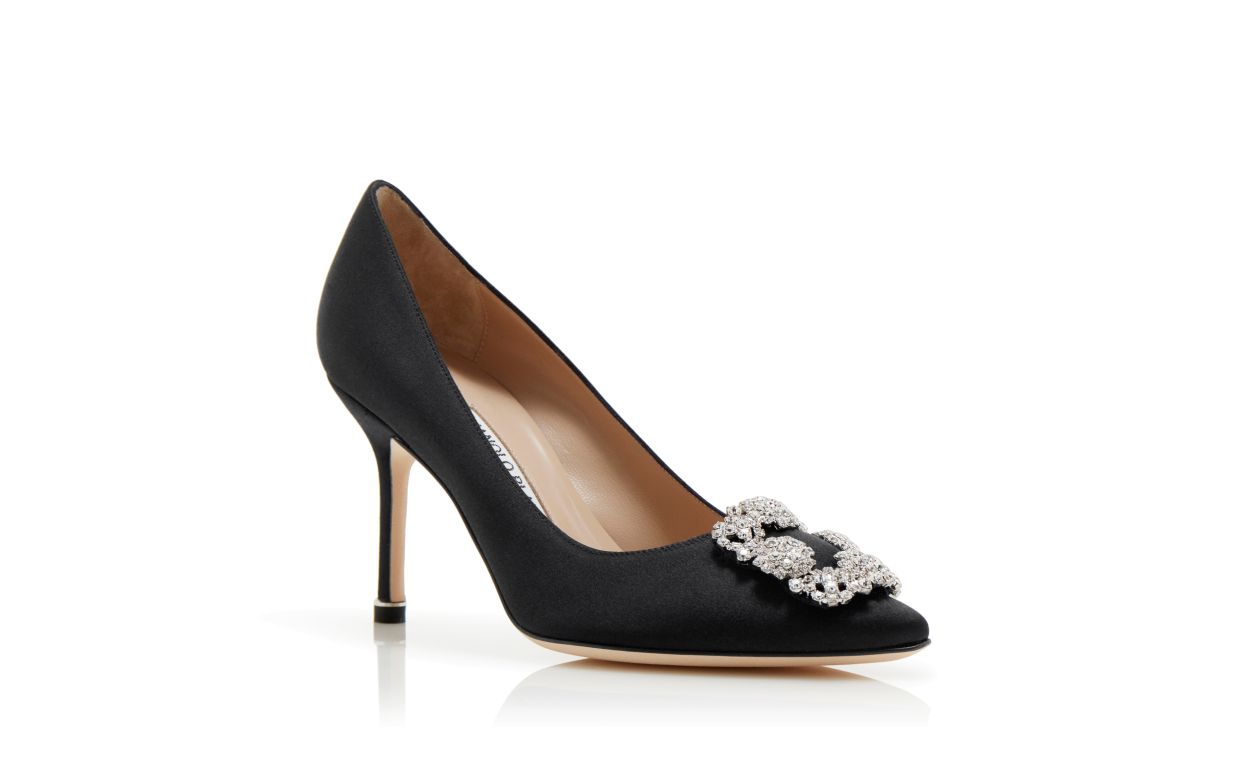 Noelle Dream Black Jewel Buckle Pumps – top view showing black jewel buckle, crystal buckle, almond toe, satin, SimmiUnique