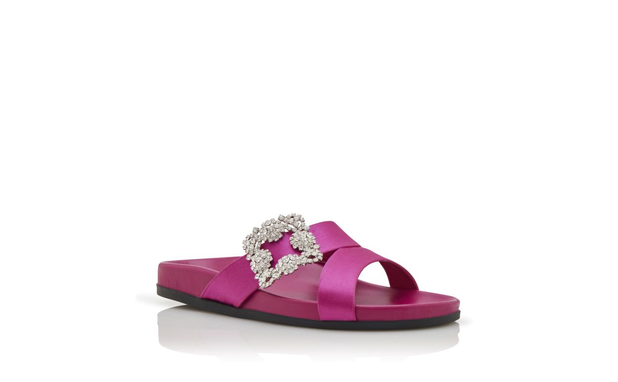 Celeste Halo Pink Jewel Buckle Mules – top view showing pink jewel buckle, crossover, open toe, satin, SimmiUnique