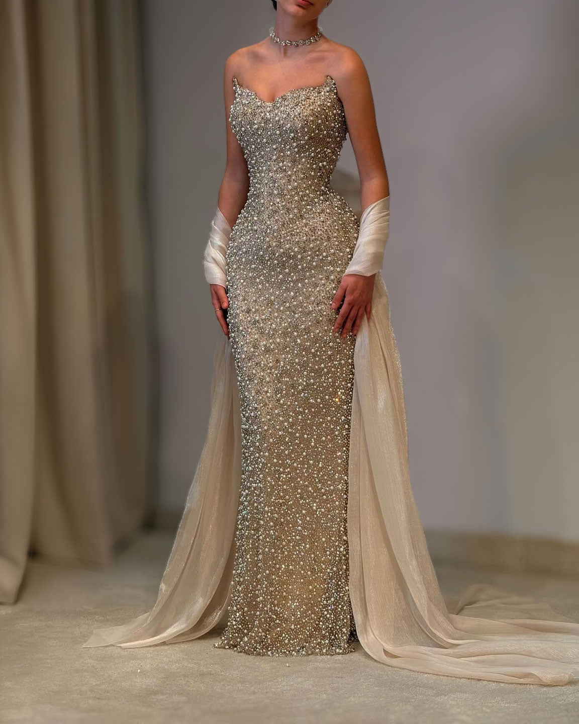 Champagne Crystal Strapless Couture Gown - image 1