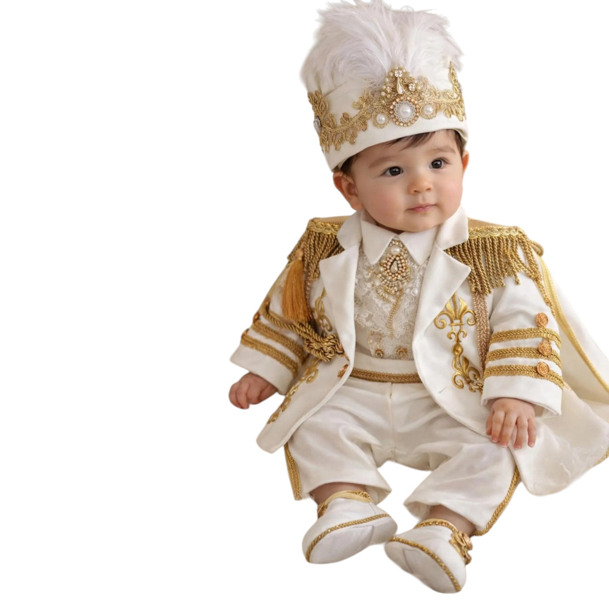 White Gold Prince Outfit – Baby Boy First Birthday Suit, Baptism Costume, Crown Hat Set for birthdays