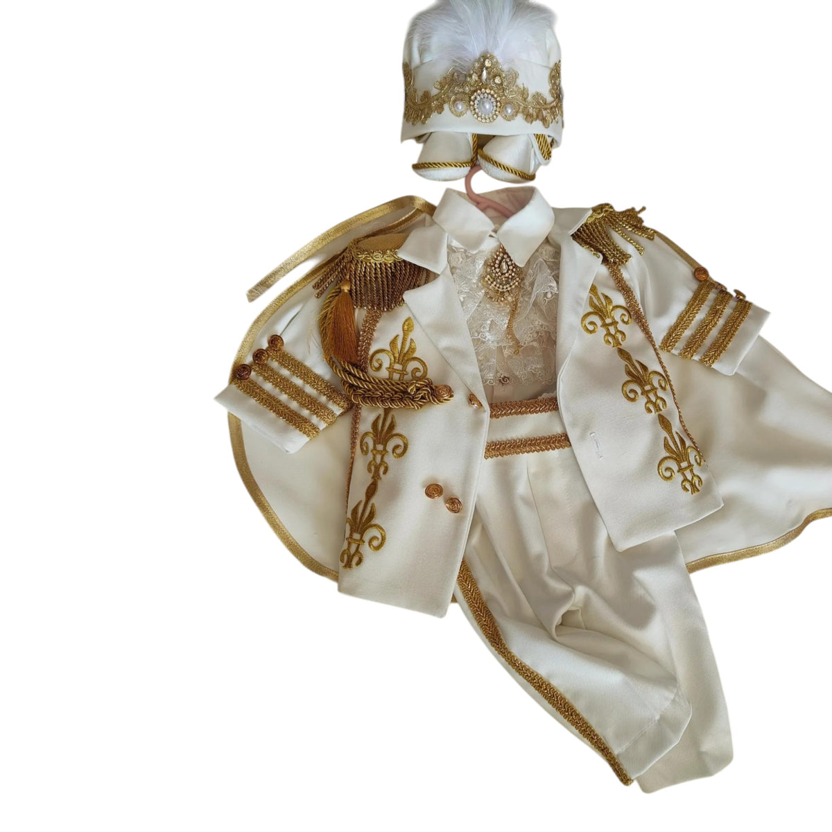 White Gold Prince Outfit – Baby Boy First Birthday Suit, Baptism Costume, Crown Hat Set – styled look