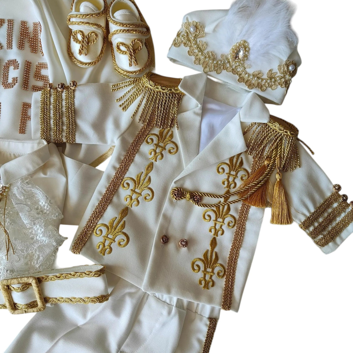 White Gold Prince Outfit – Baby Boy First Birthday Suit, Baptism Costume, Crown Hat Set – full outfit view