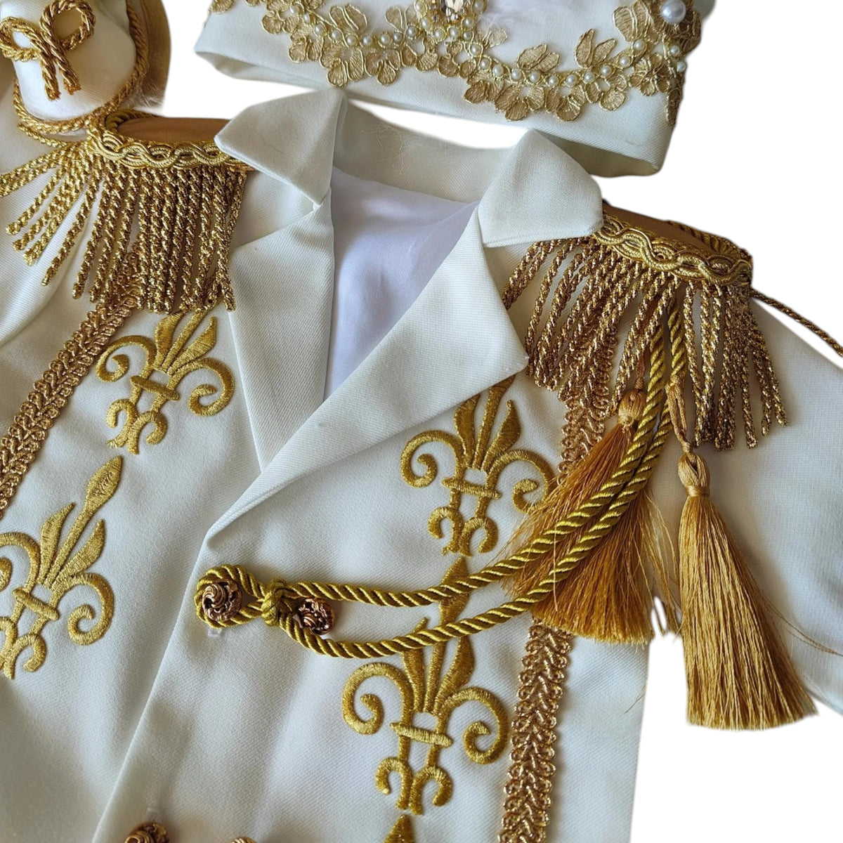 White Gold Prince Outfit – Baby Boy First Birthday Suit, Baptism Costume, Crown Hat Set – photo 7
