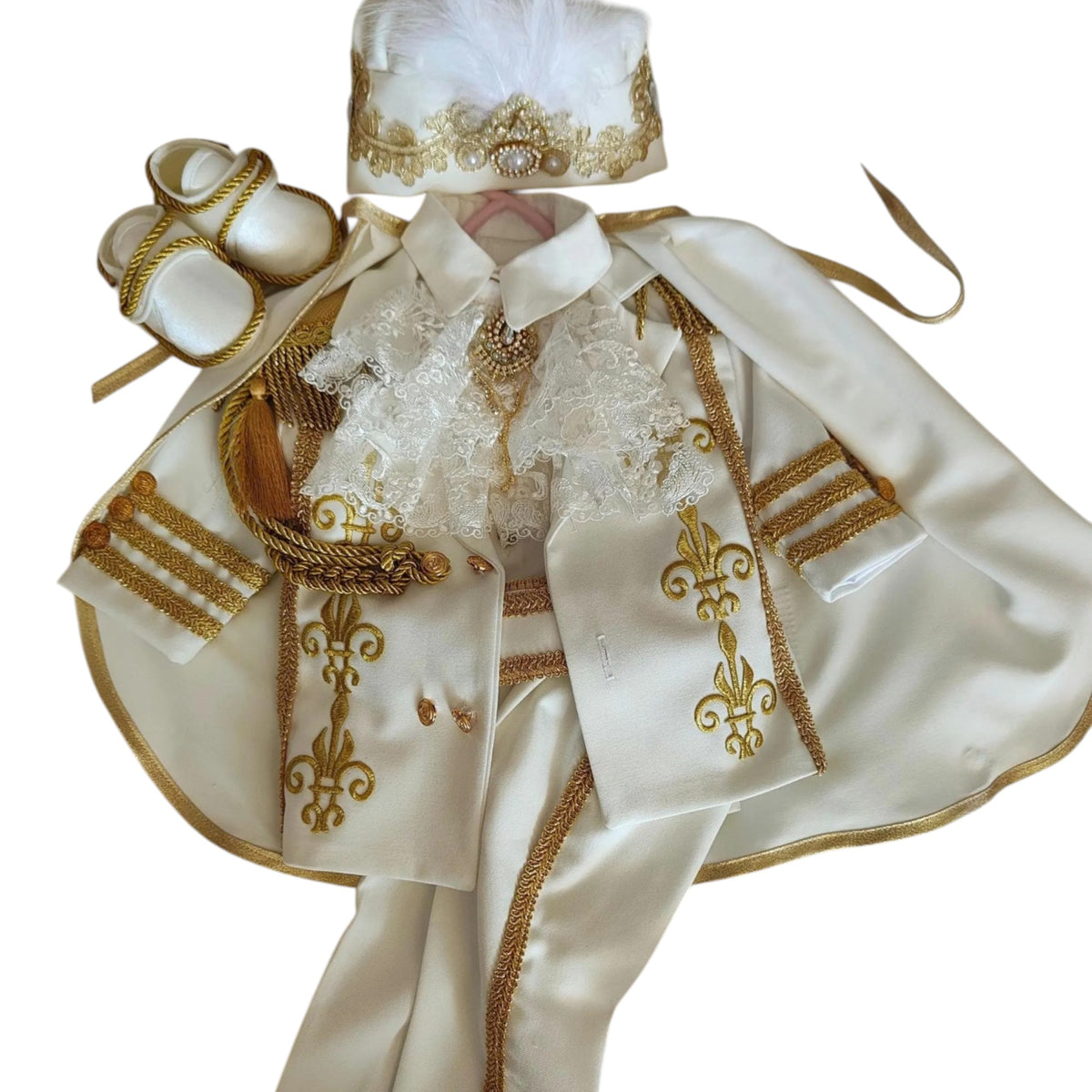 White Gold Prince Outfit – Baby Boy First Birthday Suit, Baptism Costume, Crown Hat Set – photo 8