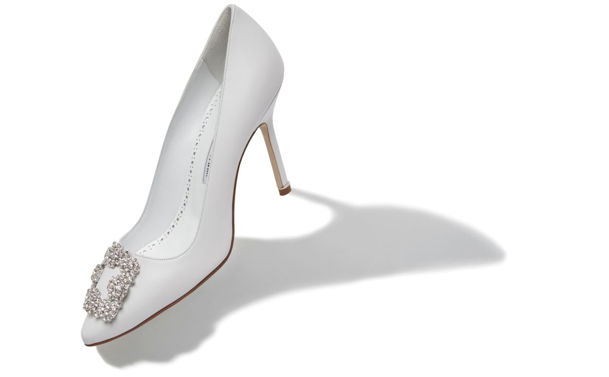 Rosalie Bloom White Jewel Buckle Pumps – front three-quarter view showing white jewel buckle, crystal buckle, almond toe…