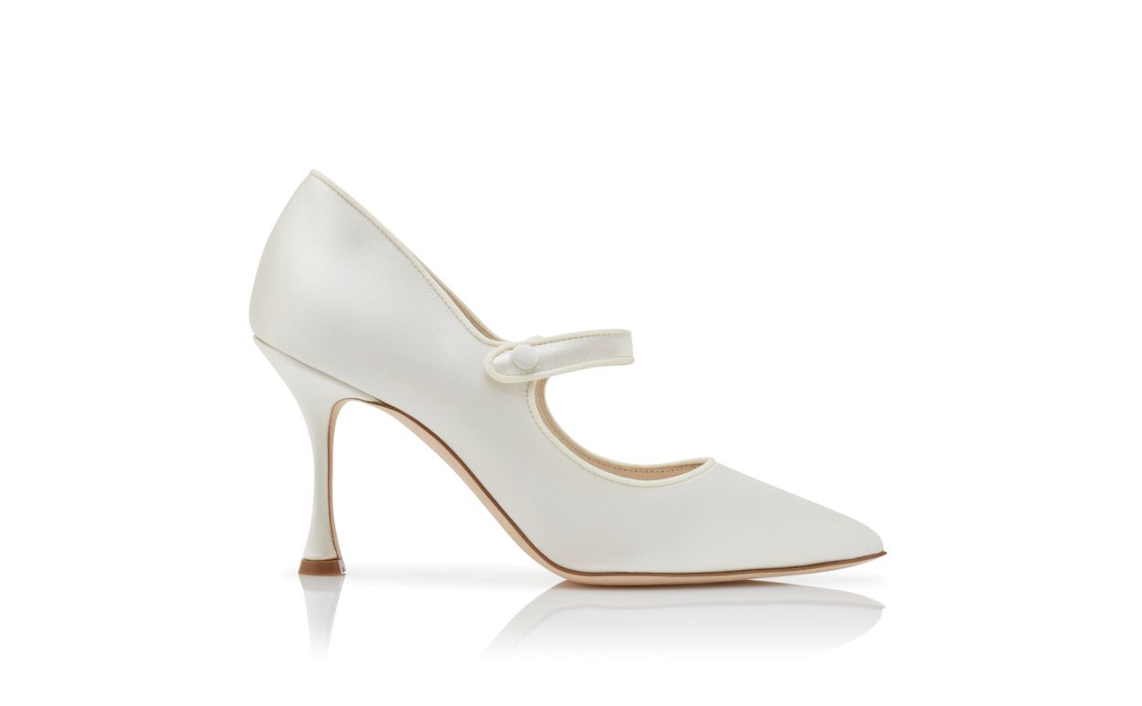 Isadora Dawn White Pointed Toe Mary Jane Shoes – side profile showing white pointed toe, satin, SimmiUnique