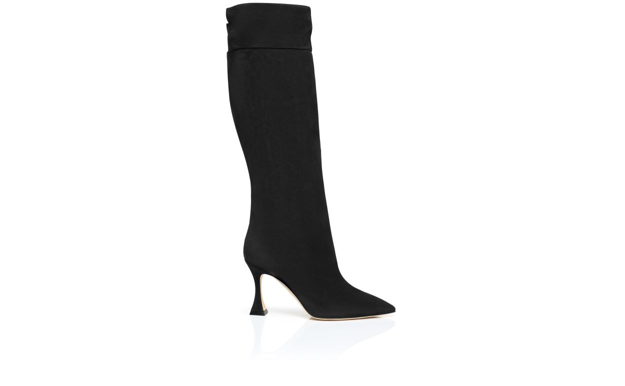 Lucienne Lace Black Pointed Toe Knee-High Boots – side profile showing black pointed toe, suede, SimmiUnique