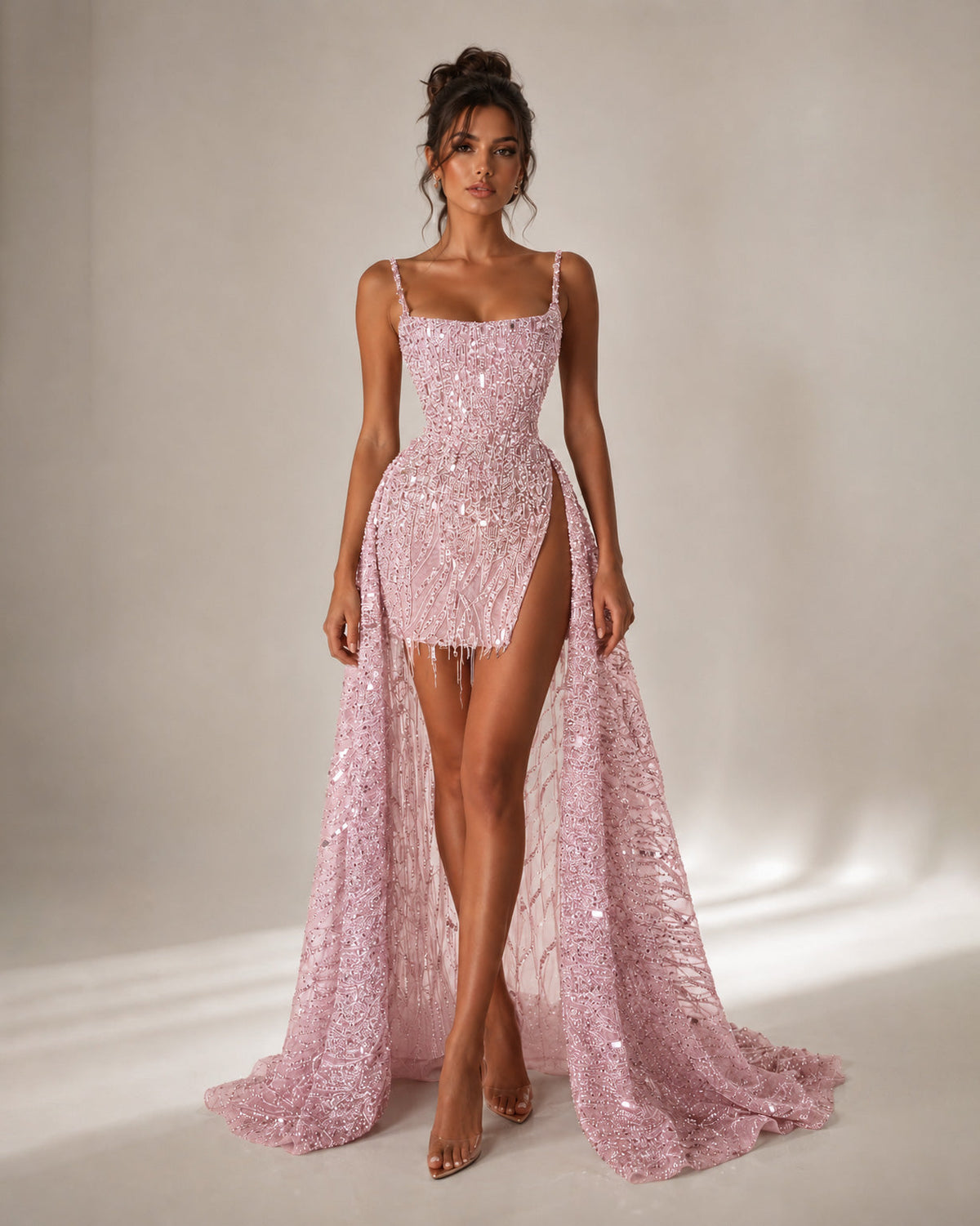 Blush Pink Beaded Corset Mini Dress with Overskirt - SimmiUnique