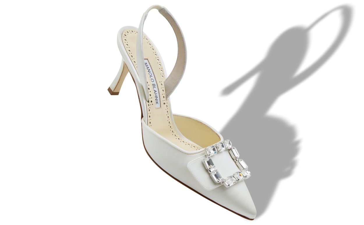 Aurelia Jewel White Crystal Buckle Slingbacks – front three-quarter view showing white crystal buckle, slingback, pointed…