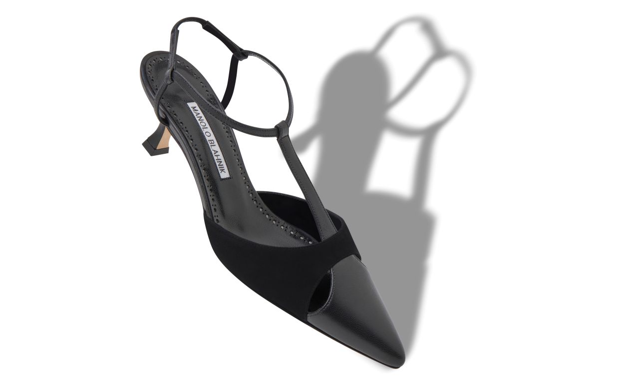 Amelie Flame Black T-Bar T-Bar Shoes – front three-quarter view showing black t-bar, pointed toe, suede, nappa leather…
