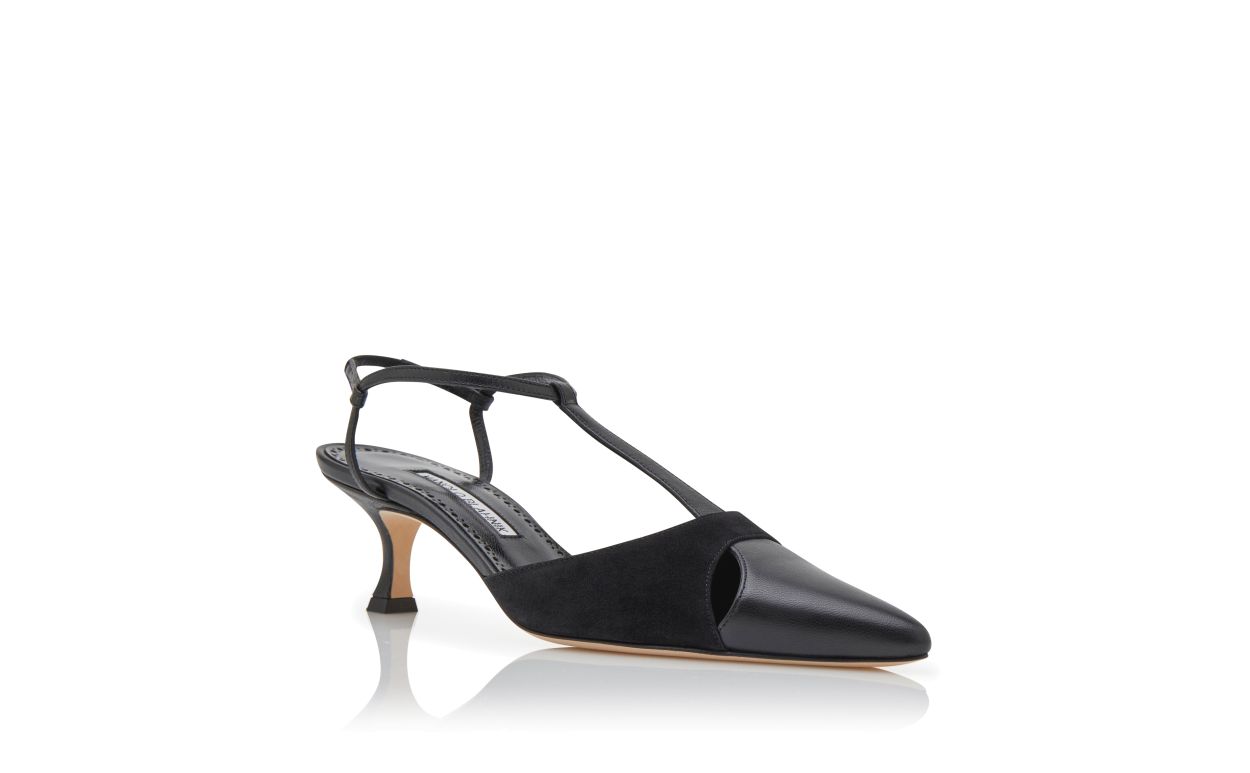 Amelie Flame Black T-Bar T-Bar Shoes – top view showing black t-bar, pointed toe, suede, nappa leather, SimmiUnique