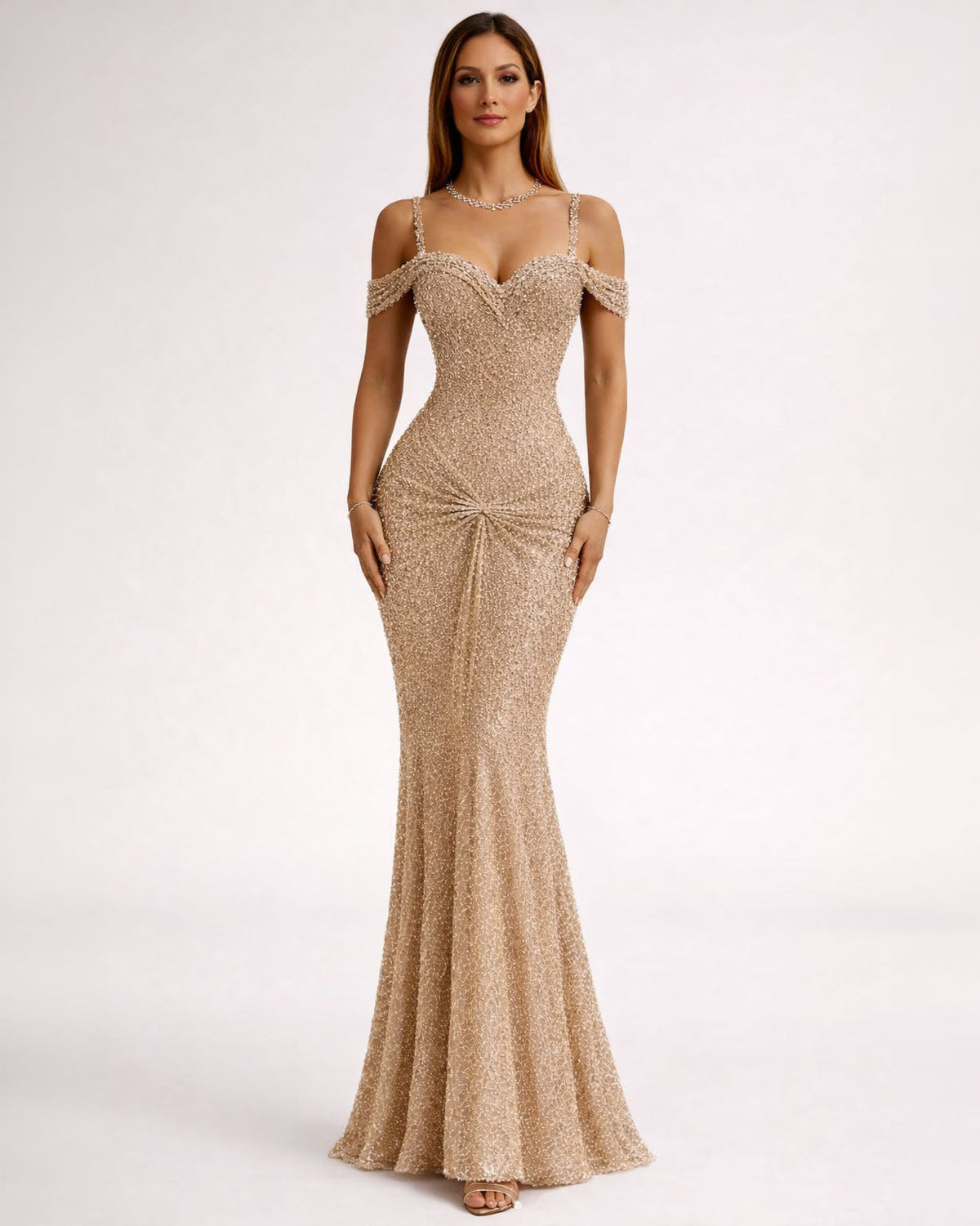 Champagne Crystal Off-Shoulder Mermaid Gown - SimmiUnique