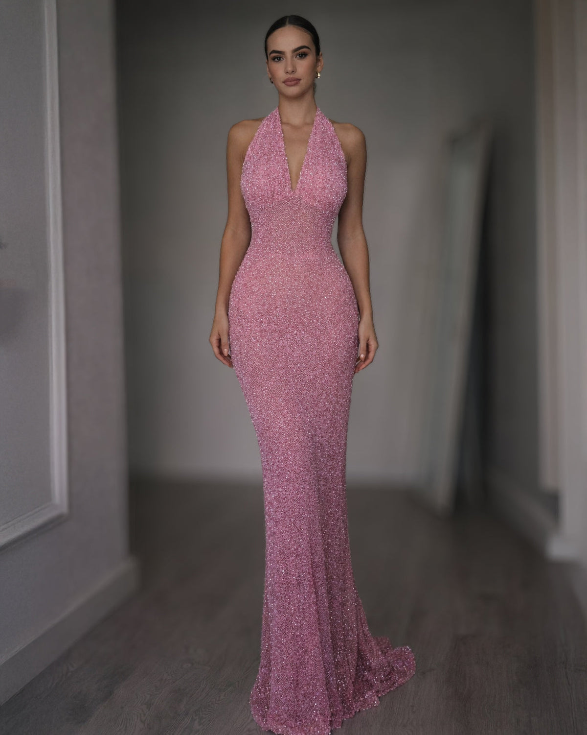 Rose Crystal Halter Column Dress with Plunge Neckline - SimmiUnique