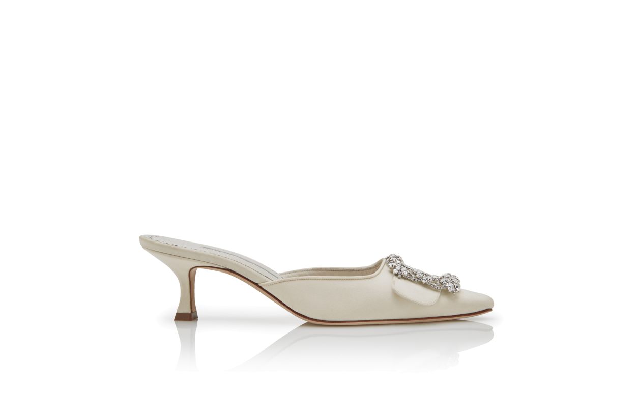 Delphine Bloom White Jewel Buckle Mules – side profile showing white jewel buckle, crystal buckle, almond toe, SimmiUnique