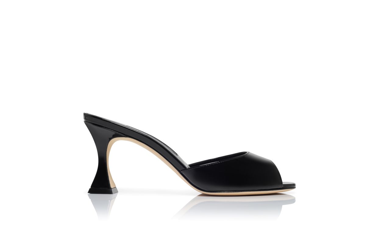 Celeste Jewel Black Open Toe Mules – side profile showing black open toe, patent leather, SimmiUnique