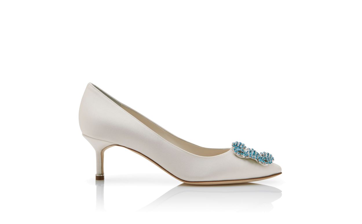 Evangeline Belle White Jewel Buckle Pumps – side profile showing white jewel buckle, crystal buckle, almond toe, satin…