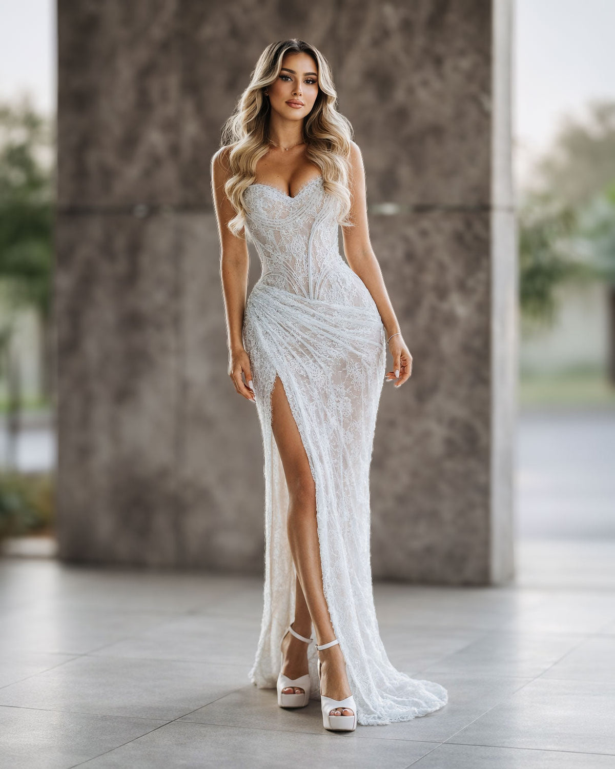 Ivory Lace Corset Gown with Draped Skirt and High Slit - SimmiUnique