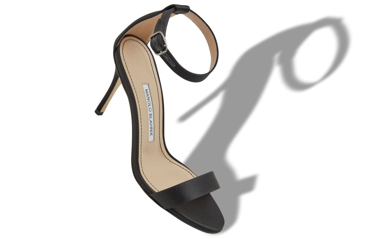 Magnolia Grace Black Ankle Strap Ankle-Strap Shoes – front three-quarter view showing black ankle strap, open toe, satin…