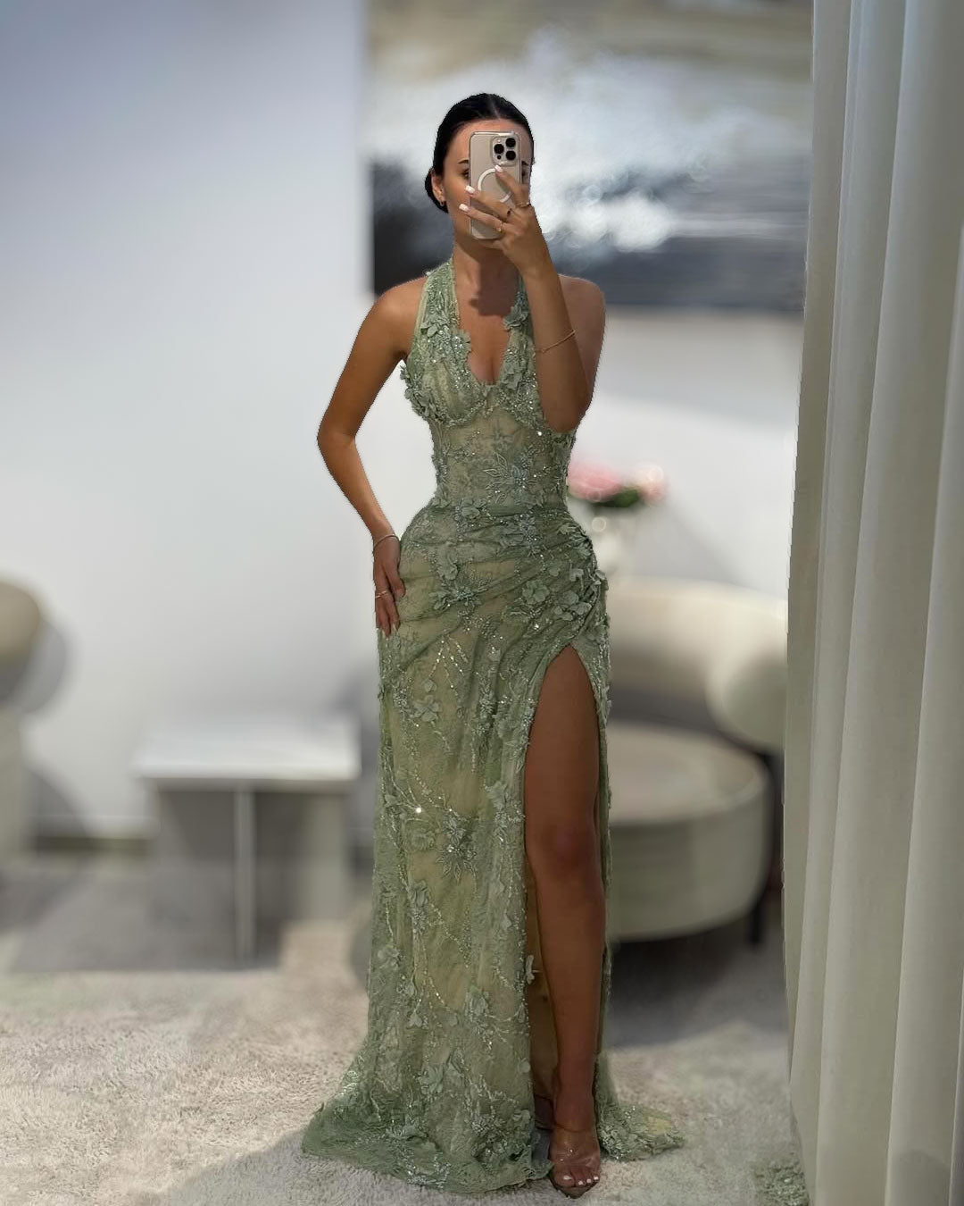 Sage Green 3D Floral Lace Halter Gown With High Slit - SimmiUnique