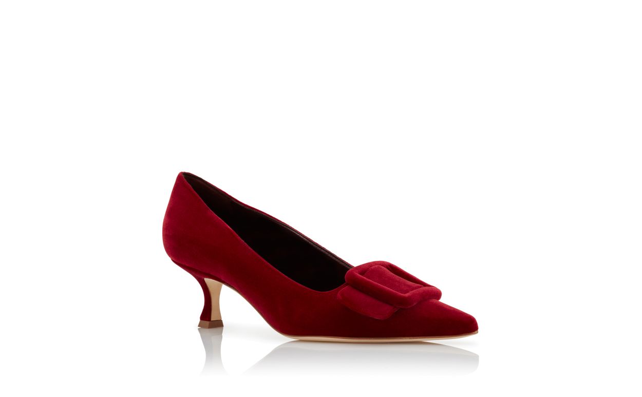 Leonora Flame Red Almond Toe Pumps – top view showing red almond toe, velvet, SimmiUnique