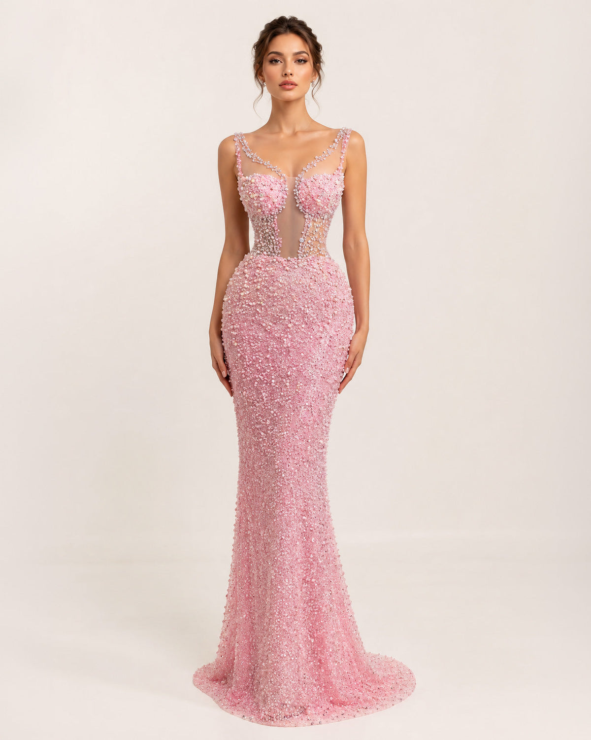 Blush Pink Beaded Illusion Corset Mermaid Prom Dress - SimmiUnique