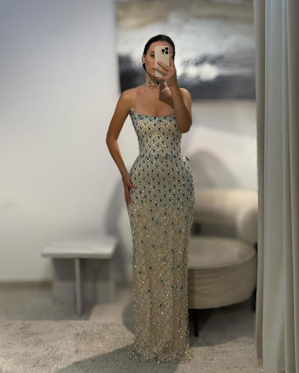 Ivory & Sapphire Crystal Couture Gown - SimmiUnique