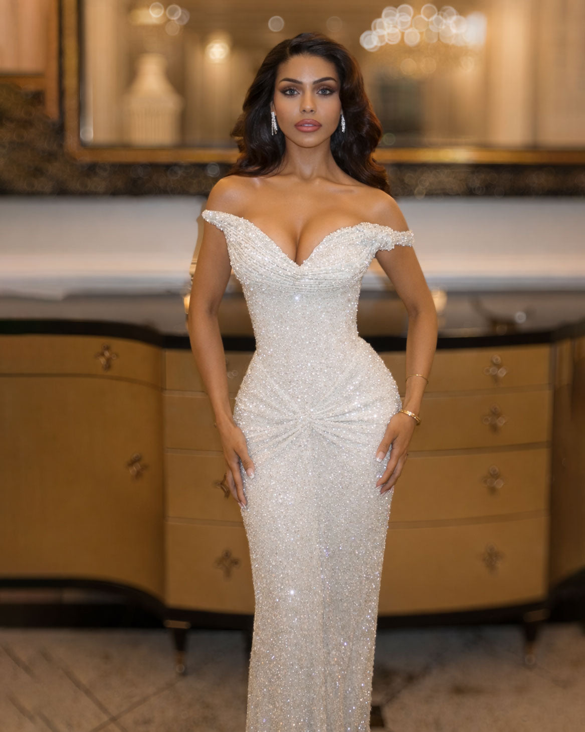 White Crystal Off Shoulder Evening Gown - SimmiUnique