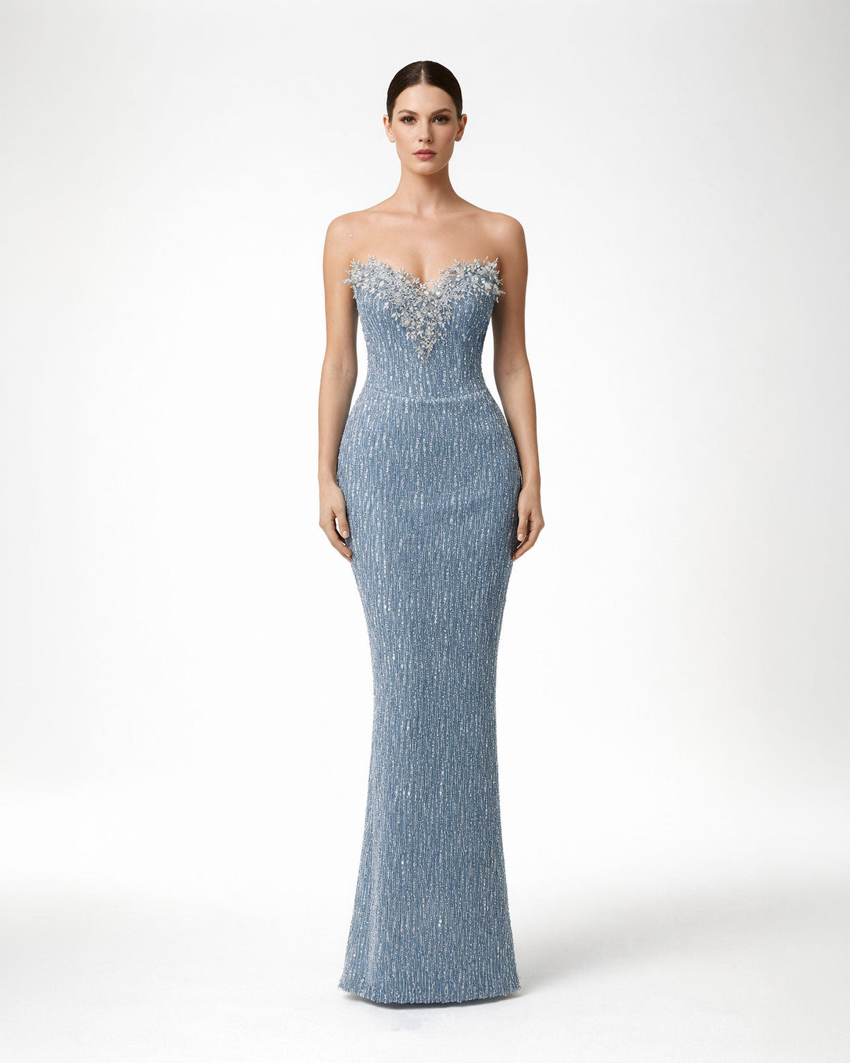 Ice Blue Strapless Embellished Evening Gown - SimmiUnique