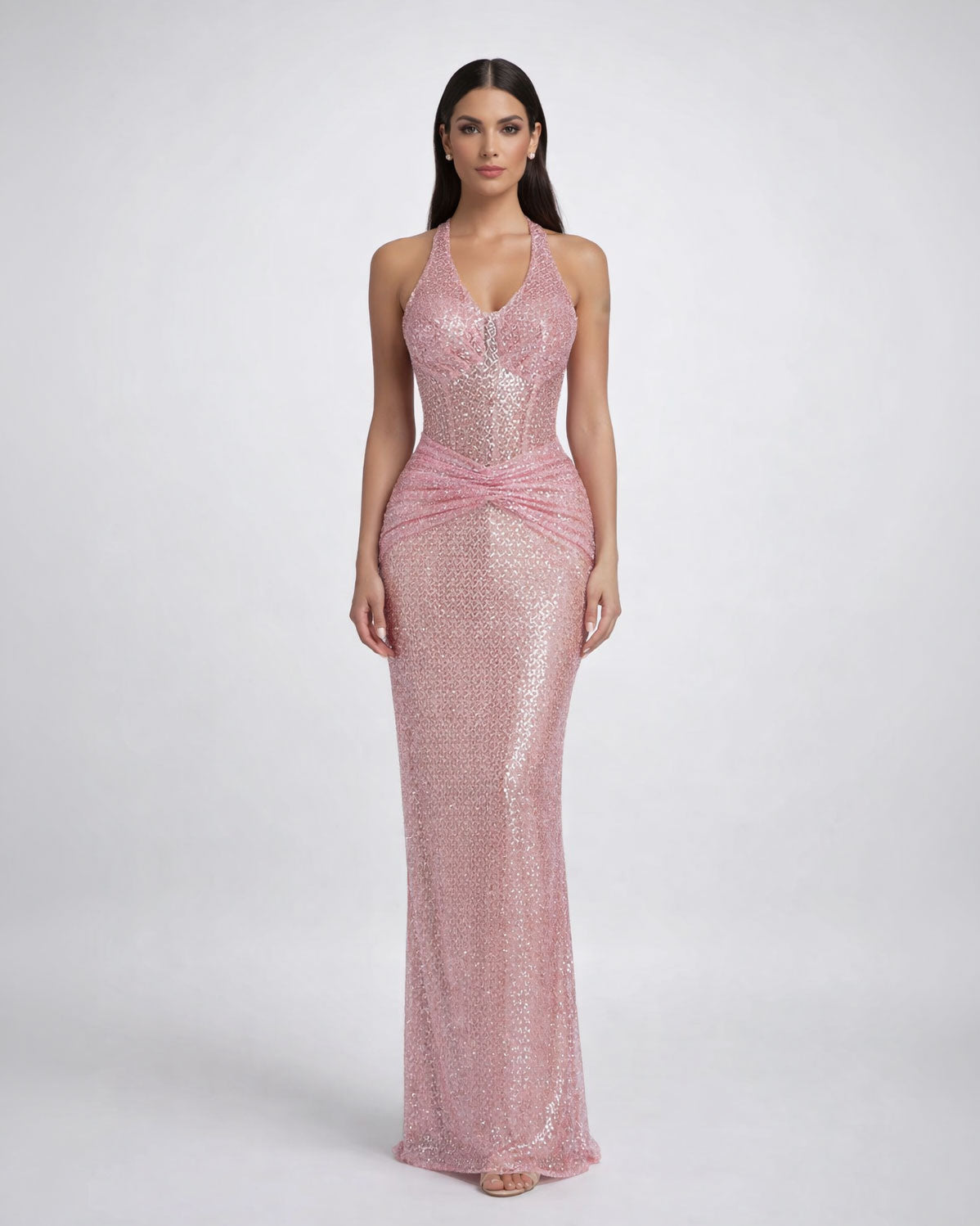 Blush Pink Shimmer Halter Evening Gown - SimmiUnique