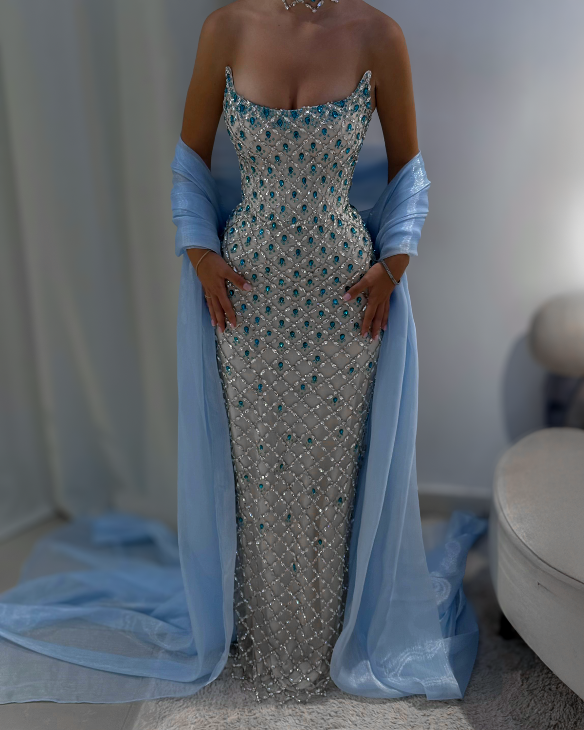Ice Blue Crystal Column Gown With Draped Shawl - image 5