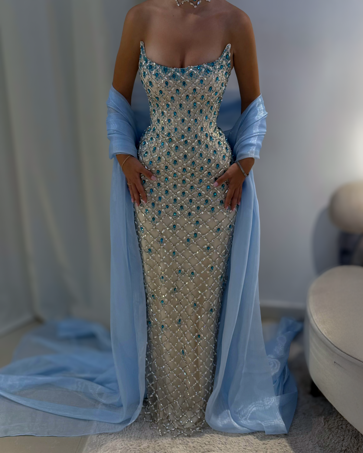 Ice Blue Crystal Column Gown With Draped Shawl - image 7